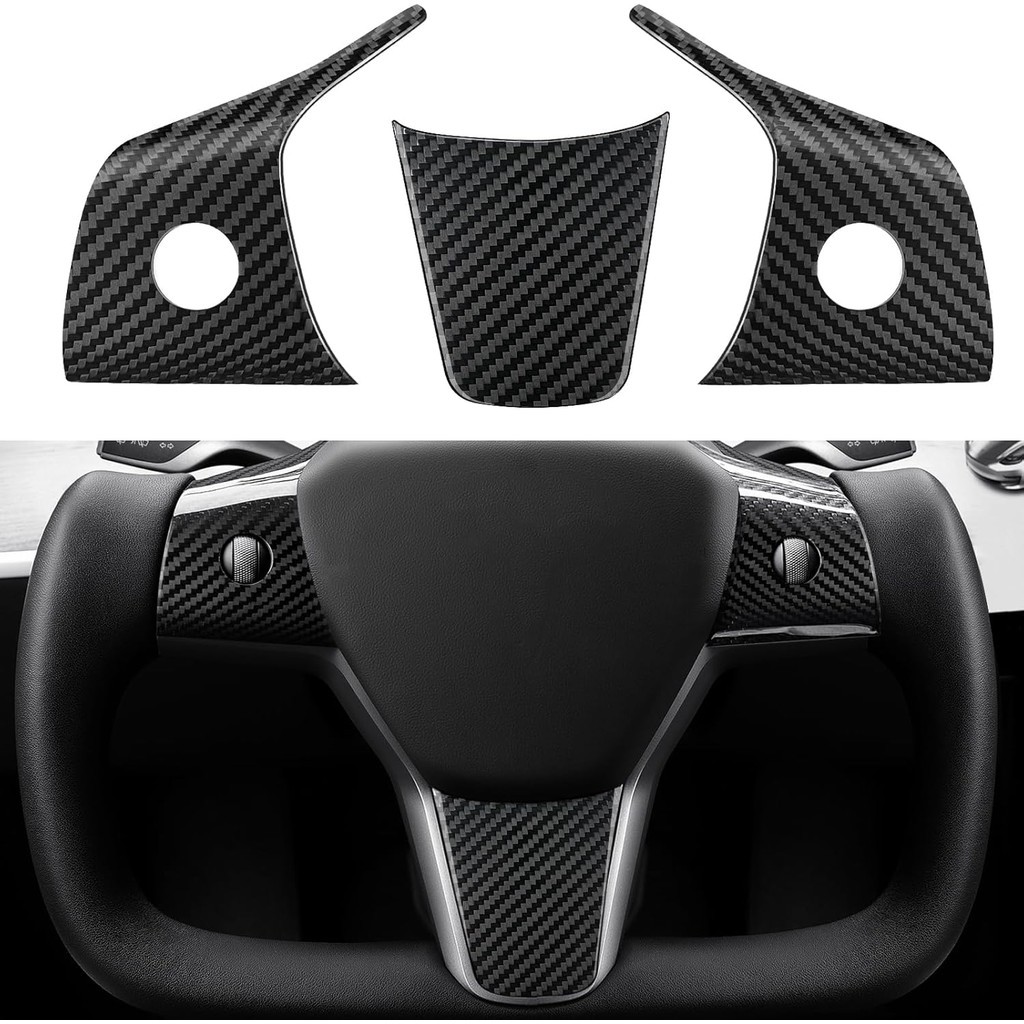 T-carbon 3PCS คาร์บอนไฟเบอร์พวงมาลัย Trim Cover ใช้งานร่วมกับ Tesla 2017-2023 รุ่น 3 & Y,3K คาร์บอนไ