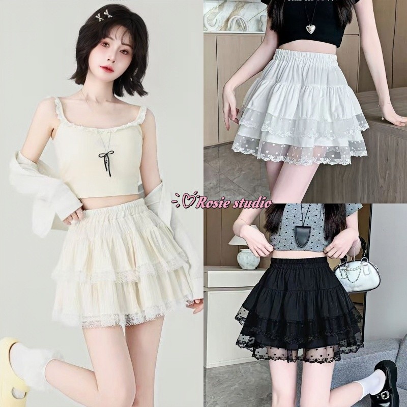 Rosie🌺พร้อมส่ง💗กระโปรงสั้นกระโปรงทรงเอเอวสูง แต่งลูกไม้น่ารัก มีกางเกงในซับในระบาย2ชั้นเอวสม็อคแฟชั่นผู้หญิงminiskirt