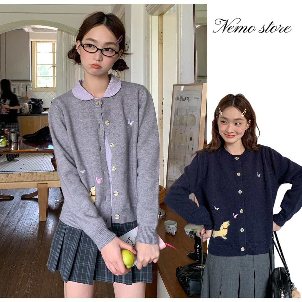 Nemo store🌸#CZ2588 เสื้อกันหนาวไหมพรม แขนยาว คอ สีพาสเทลลายน้องหมาน่ารัก