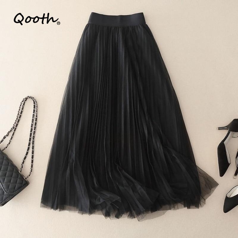 Qooth เวอร์ชั่นเกาหลีอ่อนโยนจีบกระโปรงตาข่าย Elegant ขนาดใหญ่ Swing A-line กระโปรงยาวปานกลางสําหรับผู้หญิง QT2117