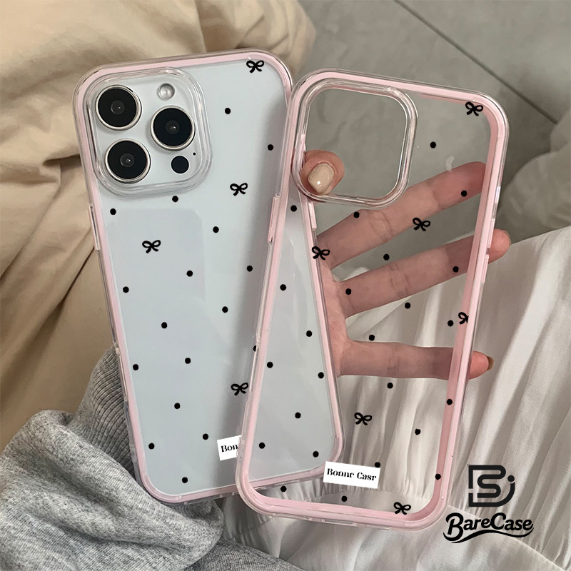 สาวหวานต้องมี！เหมาะสำหรับ iPhone 17 13 11 16 12 14 15 Pro เคสโทรศัพท์ใสสไตล์อัลบัม Ins จุดดำสีชมพูกับโบว์