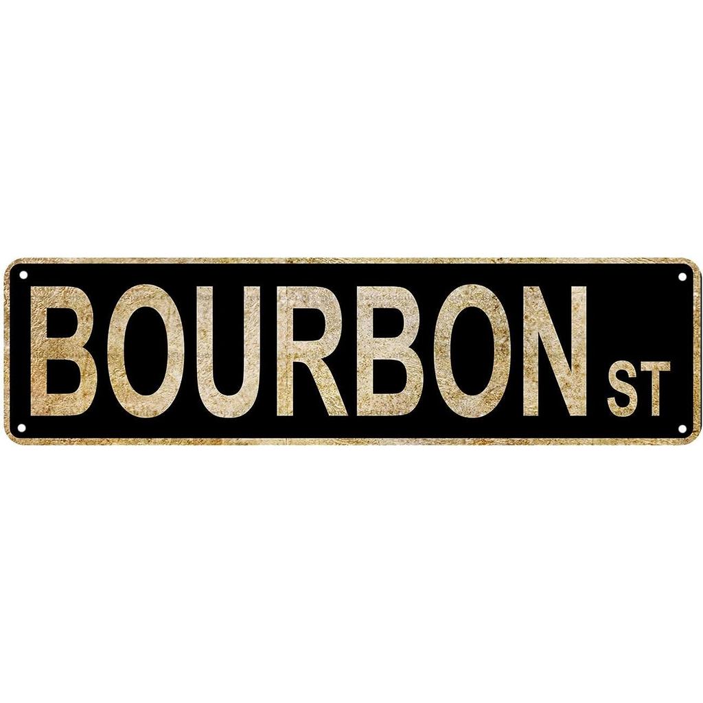 Vintage Bourbon St Street Sign Rustic โลหะป้ายดีบุกบ้านกลางแจ้ง Art Wall Decor 6x16 นิ้ว (สีดํา)