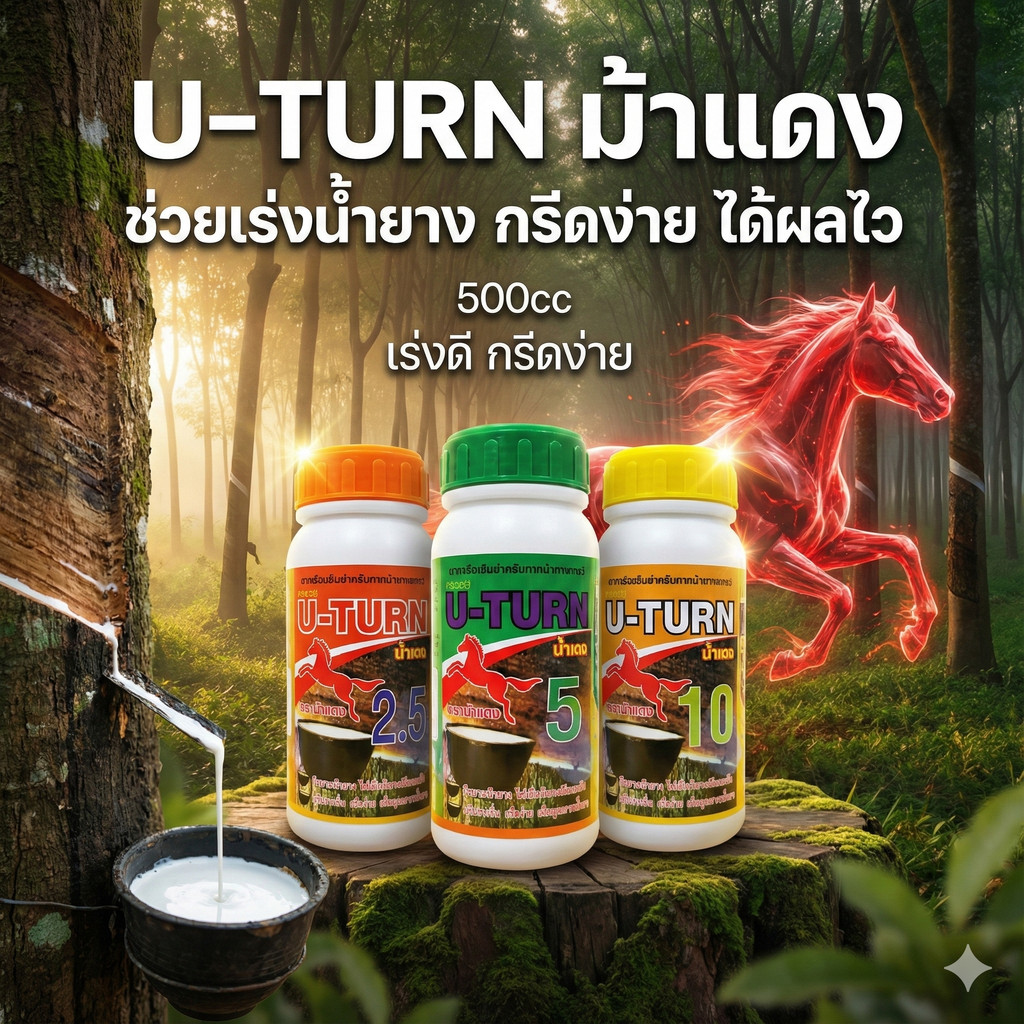 ยาทาหน้ายาง  ยูเทิร์น U-TURN  2.5 / 5 / 10 อย่างดี ตรา ม้าบิน (ยาเร่งน้ำยาง ฮอร์โมนเร่งน้ำยาง) 500 ซีซี