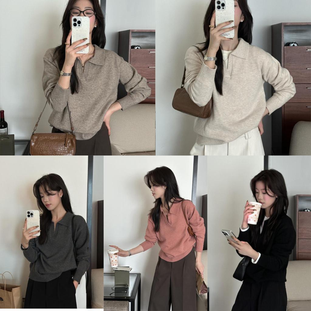 Chili Koko เสื้อถักคอโปโลสไตล์เรโทรสำหรับผู้หญิง ดีไซน์กระดุมคอวีเปิดครึ่งตัวเสื้อแขนยาวเนื้อนุ่มและเป็นมิตรต่อผิว 88046