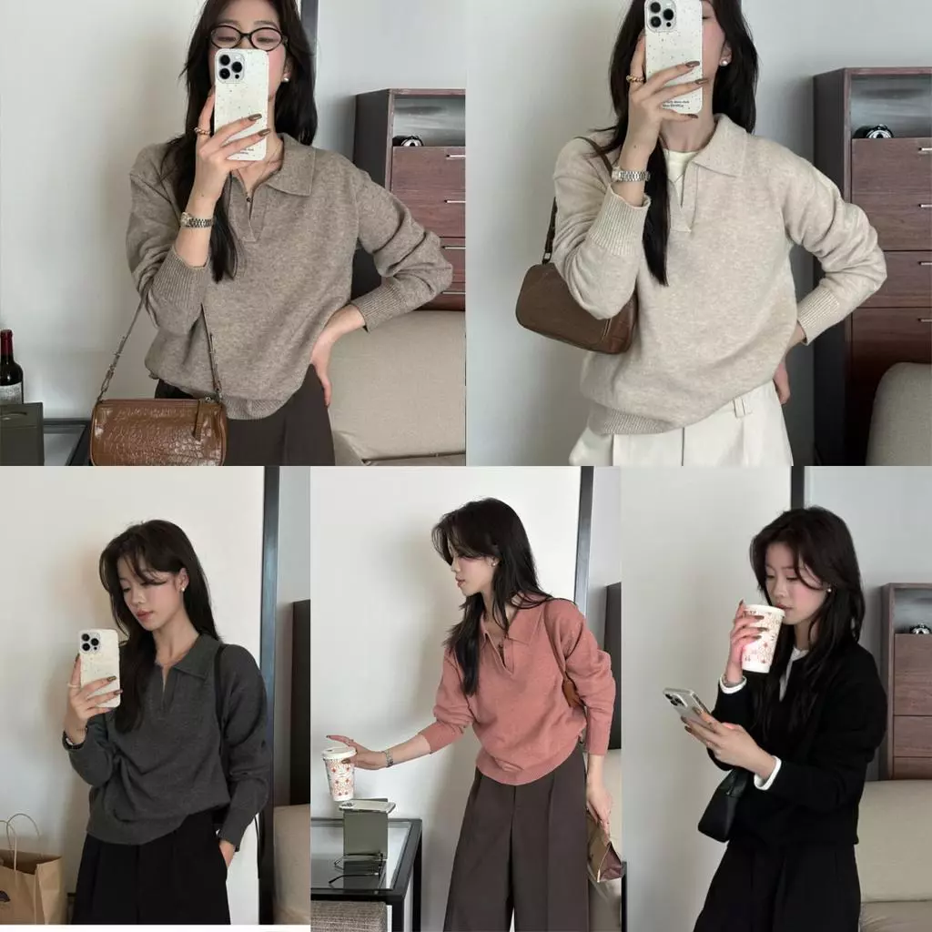 Chili Koko เสื้อถักคอโปโลสไตล์เรโทรสำหรับผู้หญิง ดีไซน์กระดุมคอวีเปิดครึ่งตัวเสื้อแขนยาวเนื้อนุ่มและเป็นมิตรต่อผิว 88046