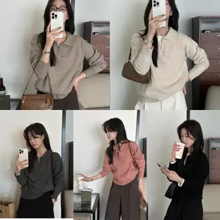 Chili Koko เสื้อถักคอโปโลสไตล์เรโทรสำหรับผู้หญิง ดีไซน์กระดุมคอวีเปิดครึ่งตัวเสื้อแขนยาวเนื้อนุ่มและเป็นมิตรต่อผิว 88046