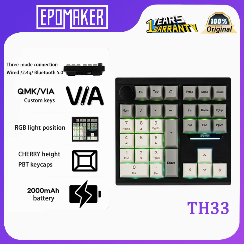 EPOMAKER TH33 คีย์บอร์ดขนาดเล็กปะเก็นดิจิตอลมือเดียว VIA คีย์บอร์ดสํานักงานสําหรับเล่นเกมไร้สายสามโหมด