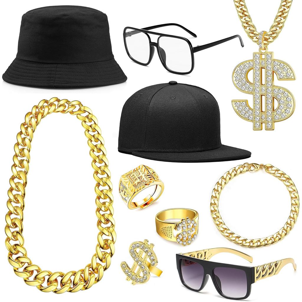 RIOSO 80s 90s Accessories Outfit for Men Hip Hop Rapper Costume Kit Chain Money Sign Necklace Hip Ho