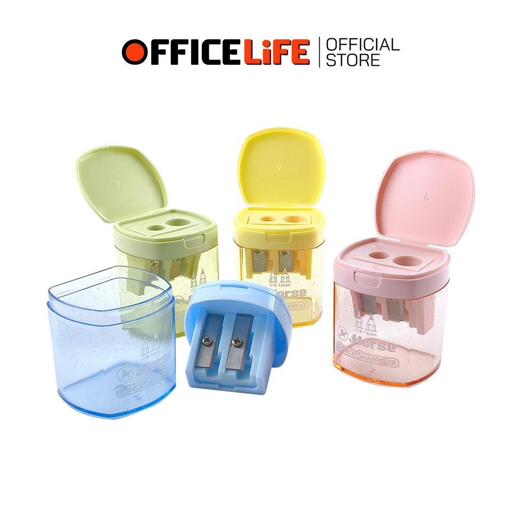 HORSE (ตราม้า) กบเหลาดินสอ กบเหลา 2 รู มีฝาปิด สีพาสเทล รุ่น H-860 ( 1 ชิ้น คละสี )