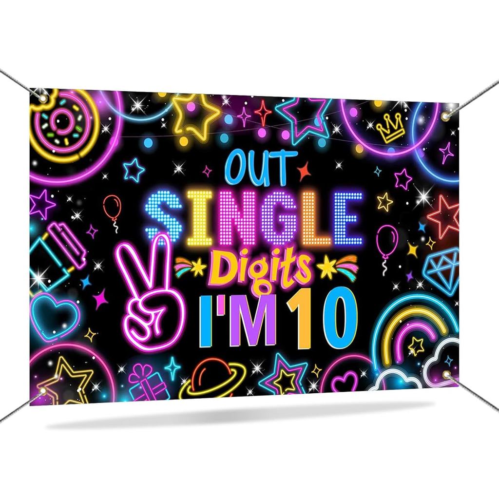 Mocsicka Happy 10th Birthday Banner Boys Girls Glow Peace Out Single Digits Backdrop Double Digits 1