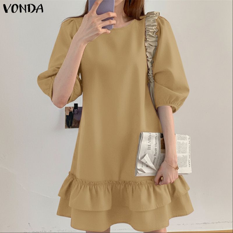 VONDA ชุดเดรสสไตล์เกาหลีสำหรับผู้หญิง ดีไซน์คอพัฟและแขนระบาย สไตล์ A-line สีทึบ — صورة 4