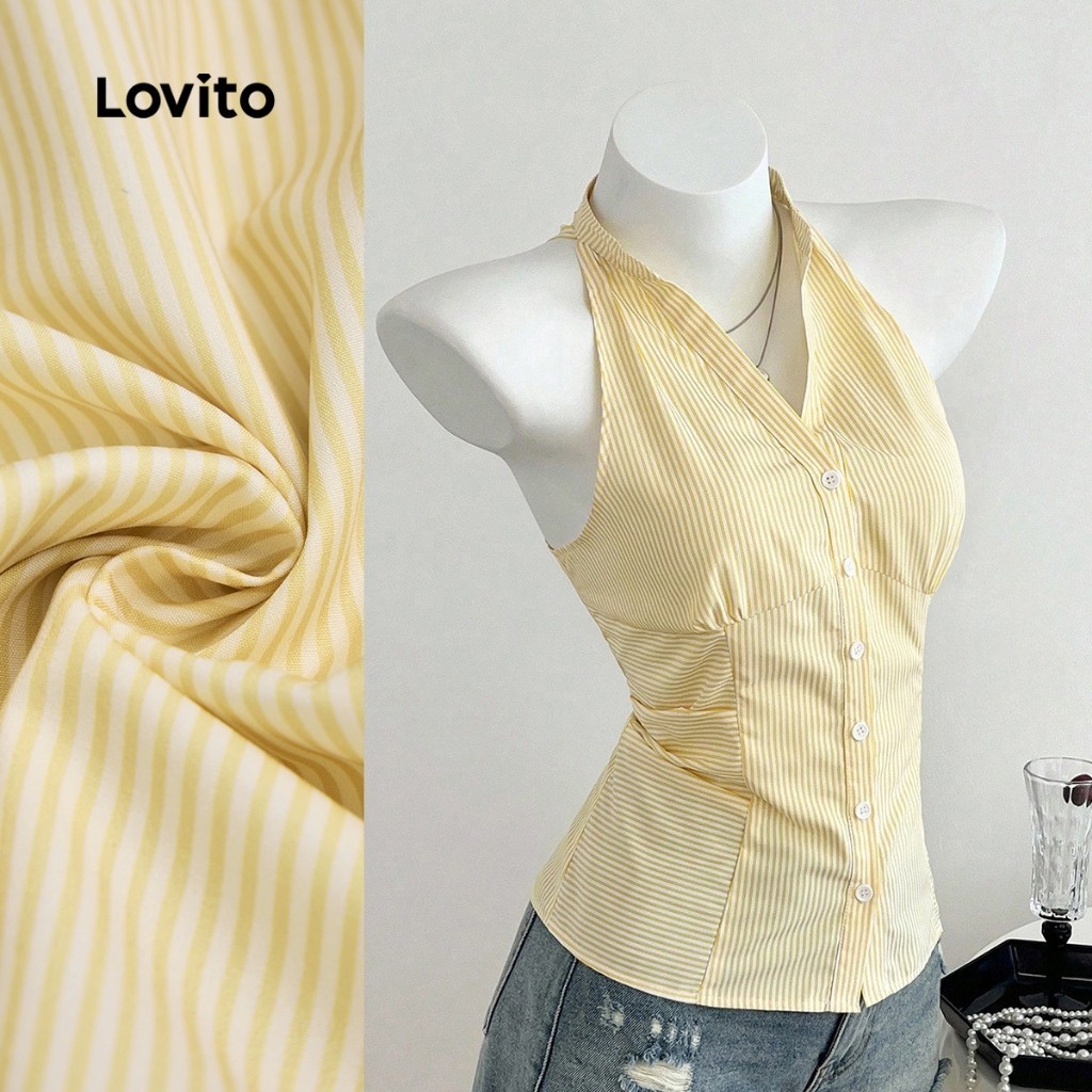 (แคชชวล) Lovito เสื้อครอปแขนกุดแบบสบาย ๆ สำหรับผู้หญิง ฤดูใบไม้ผลิ/ฤดูร้อน สีเหลือง เกาหลี อินเทรนด์ L155AD071