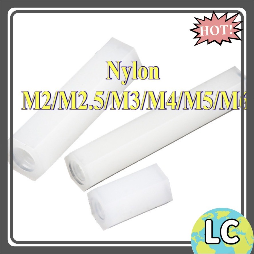 คอลัมน์ไนลอนหัวแบนหกเหลี่ยมแกนผ่านคู่, คอลัมน์แยก, คอลัมน์รองรับพลาสติกสีขาว, คอลัมน์สเปเซอร์ M2/M2.