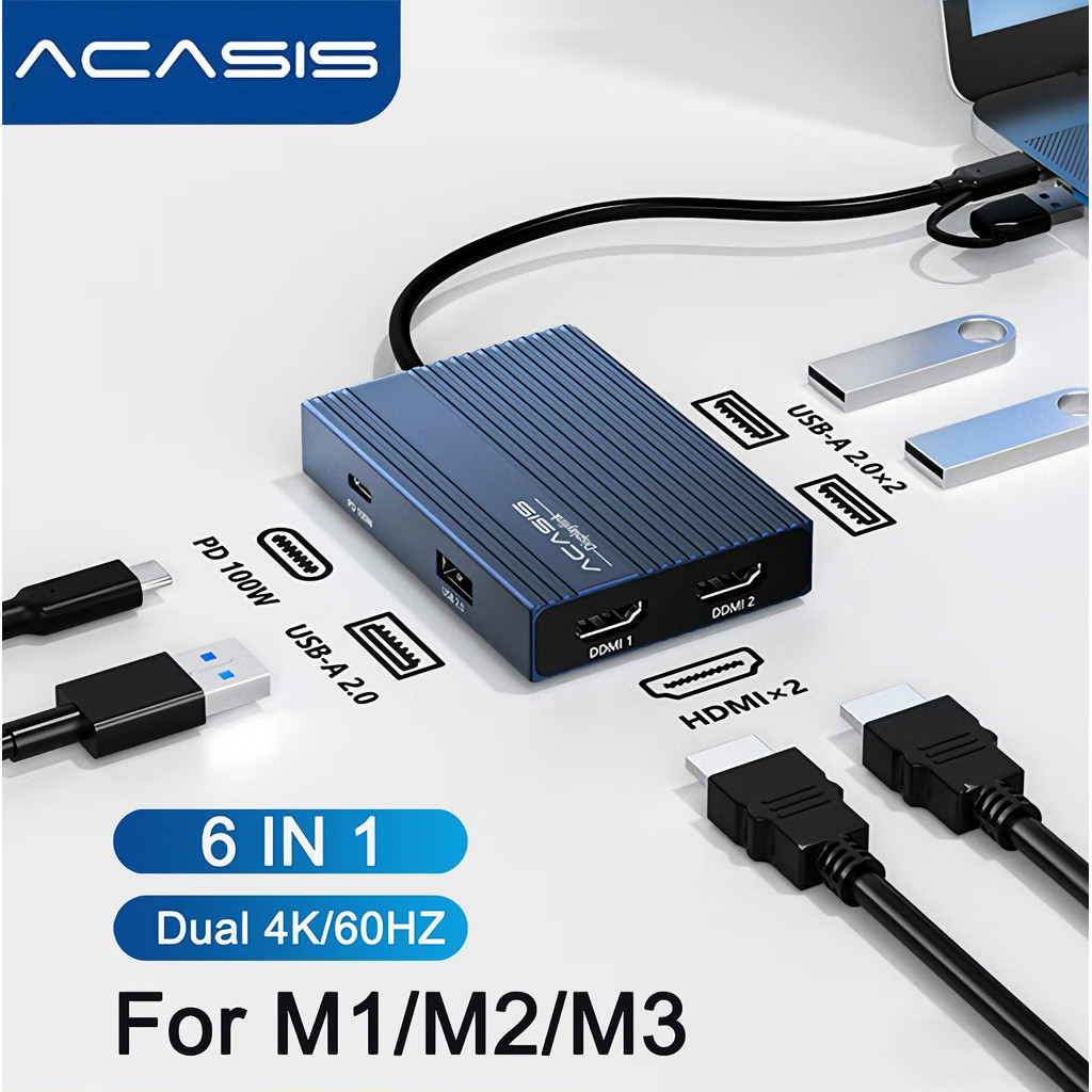 ACASIS 6‐IN-1 DisplayLink Docking Station Dual 4K 60Hz PD100W สําหรับ Mac M1/M2/M3 Windows
