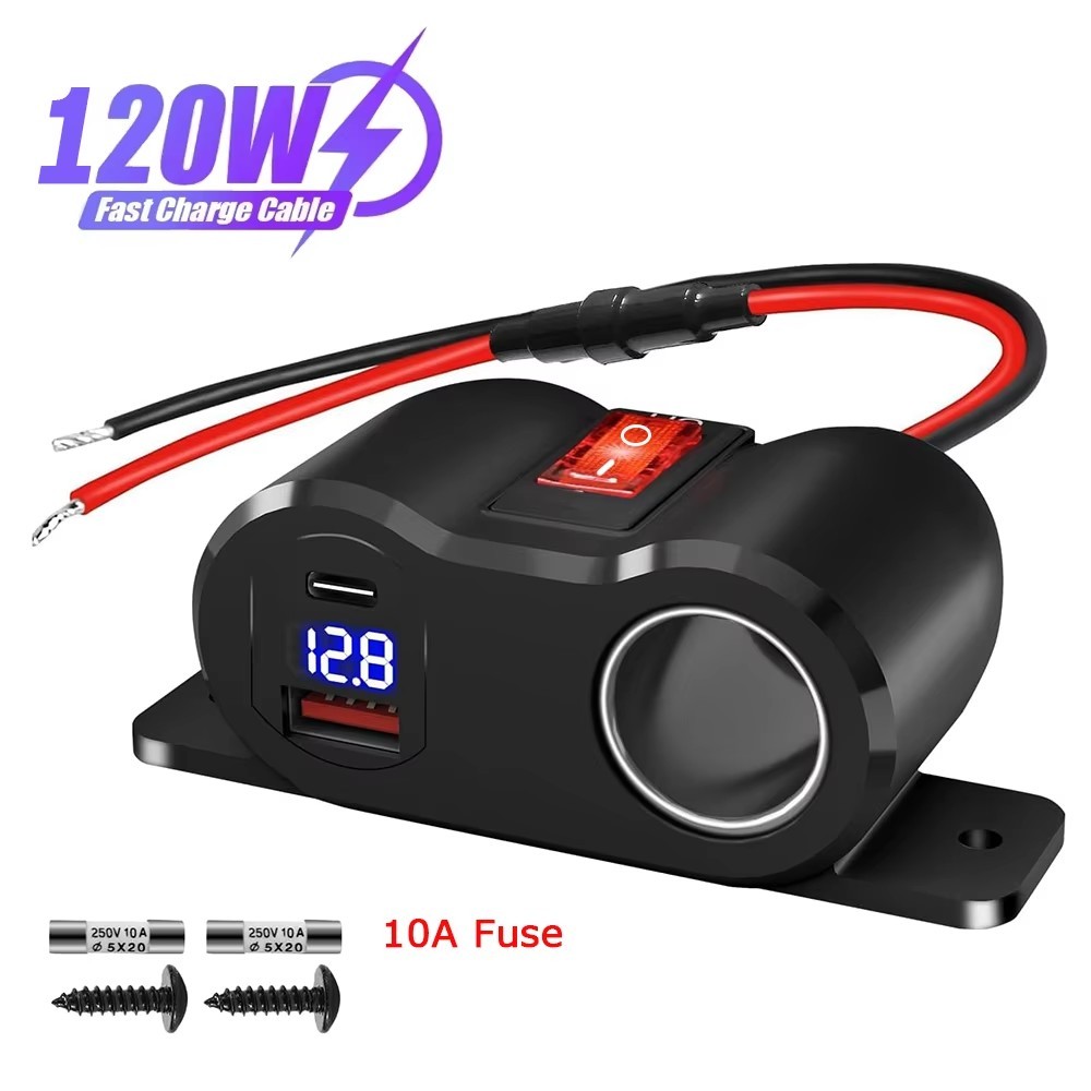12V-24V QC3.0 & PD3.0 Outlet ไฟแช็กซ็อกเก็ต Splitter พร้อมโวลต์มิเตอร์ USB ที่ชาร์จแบตในรถอะแดปเตอร์สําหรับรถยนต์ Marine รถบรรทุก