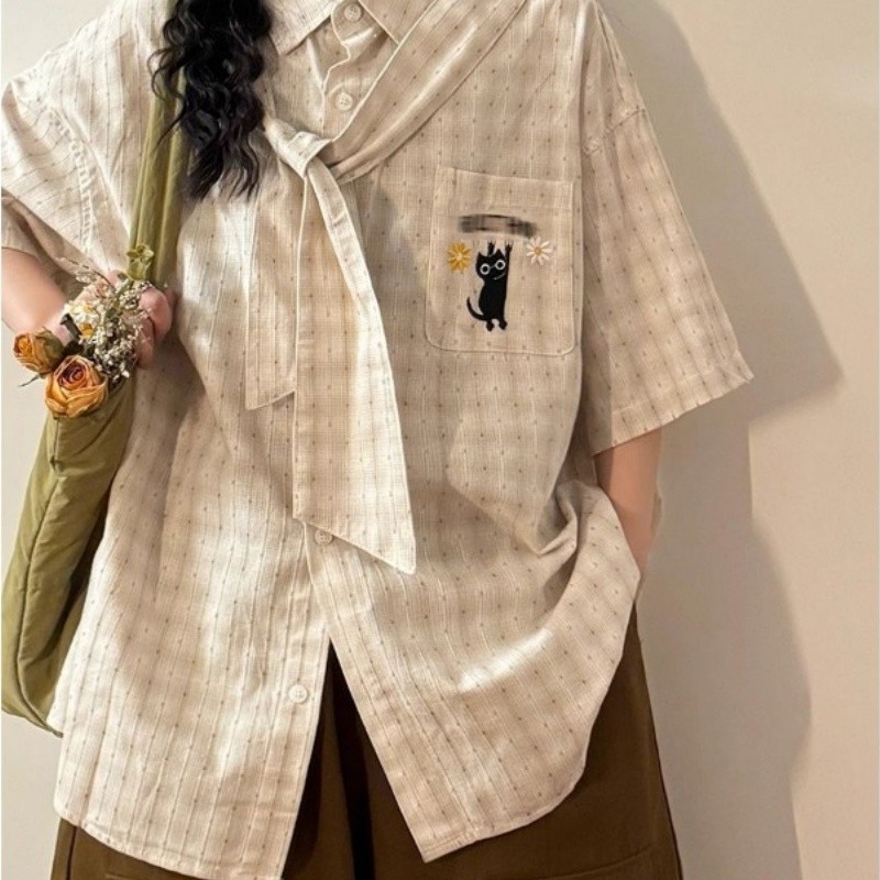 micki~ผู้หญิง เสื้อเชิ้ต วินเทจ ลายสก๊อต พักผ่อน วิทยาลัยลม เย็บปักถักร้อย ผ่อนปรน เสื้อแขนสั้น เสื้อ
