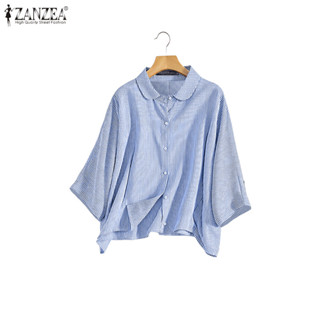 ZANZEA เสื้อเชิ้ตยีนส์ลายทางแบบเกาหลี แขน 3/4 สำหรับผู้หญิง