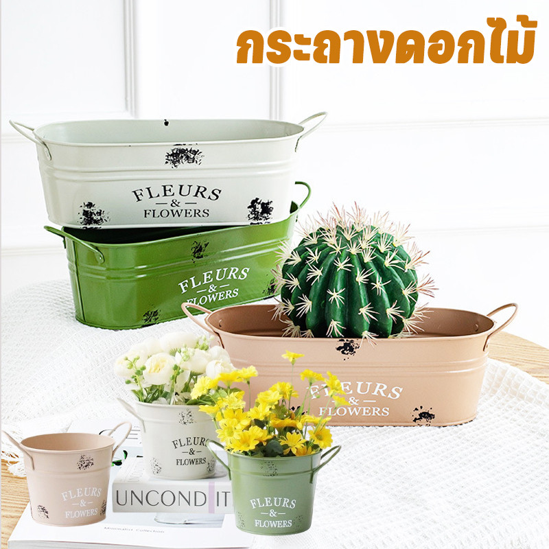 กระถางดอกไม้ กระป๋องสังกะสี สไตล์วินเทจ ถังดอกไม้ มีหูจับ ถังโลหะ สไตล์วินเทจ Vintage การตก แต่งบ้าน