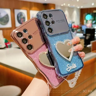 สาว กันกระแทก ตัวเคสใสมีกระจกหัวใจและสร้อยข้อมือ ลวดลายคลื่นแวววาว หุ้มทั้งเครื่อง สำหรับSamsung S25 Ultra 24 23 22 EF