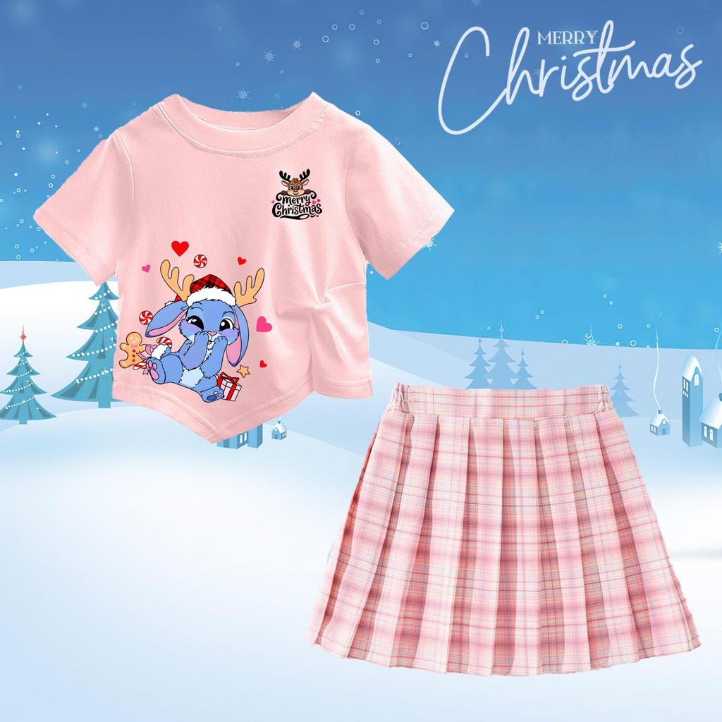 ชุดเซ็ทเด็กลายสุดฮิตChristmas 2026 เสื้อยืดแขนสั้น*กระโปรงอัดพลีท