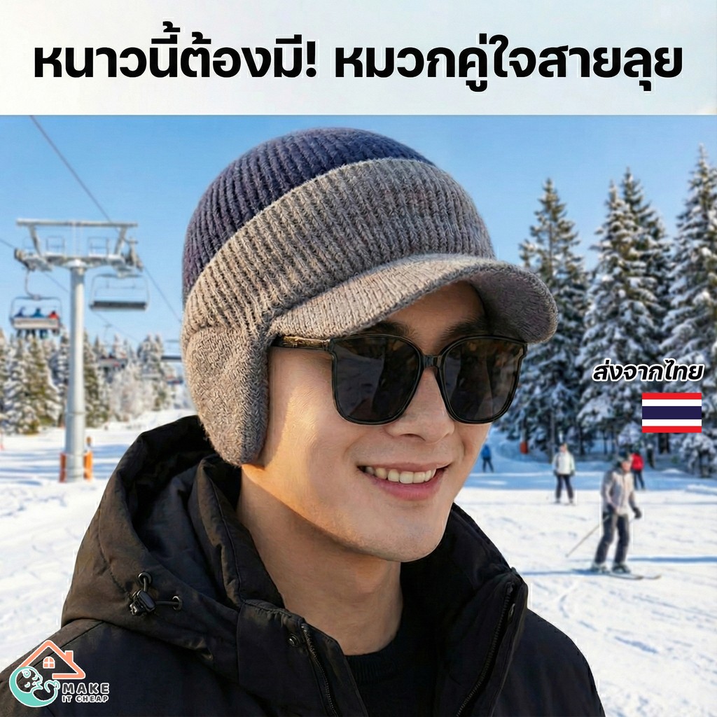 หมวกไหมพรมเบสบอลกันหนาว ดีไซน์ถักสองสี มีปีกคลุมหู ใส่แล้วอบอุ่น ใส่ได้ทุกวัน