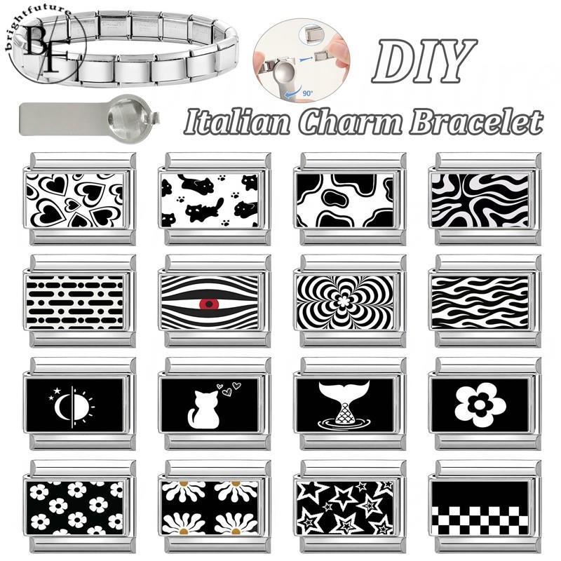 สีดําสีขาวพิมพ์ภาพอิตาเลี่ยน Charm สร้อยข้อมือ Fit 9 มม.สร้อยข้อมือสแตนเลส DIY เครื่องประดับทําอุปกรณ์เสริม Retro บุคลิกภาพโมดูลสร้อยข้อมืออุปกรณ์เสริม
