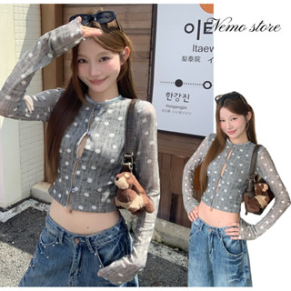 Nemo store🌸#FY544 เสื้อแขนยาวครอป แขนยาว ลายจุดสีเทา สไตล์เก…