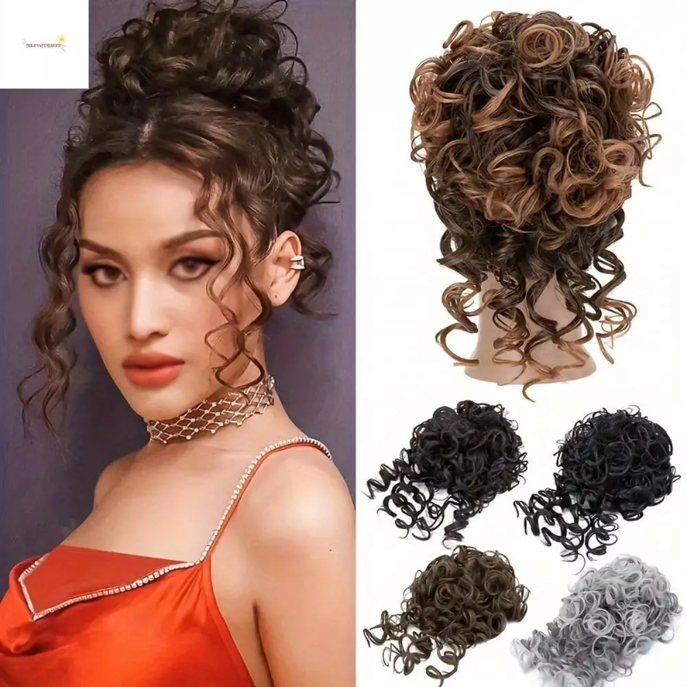 GOURMETGALORE Messy Curly Hair Bun, สังเคราะห์ยืดหยุ่น Drawstring คลื่นขนาดใหญ่ Chignon, เส้นใยทนความร้อน Scrunchies ธรรมชาติปุยผมชิ้น Party