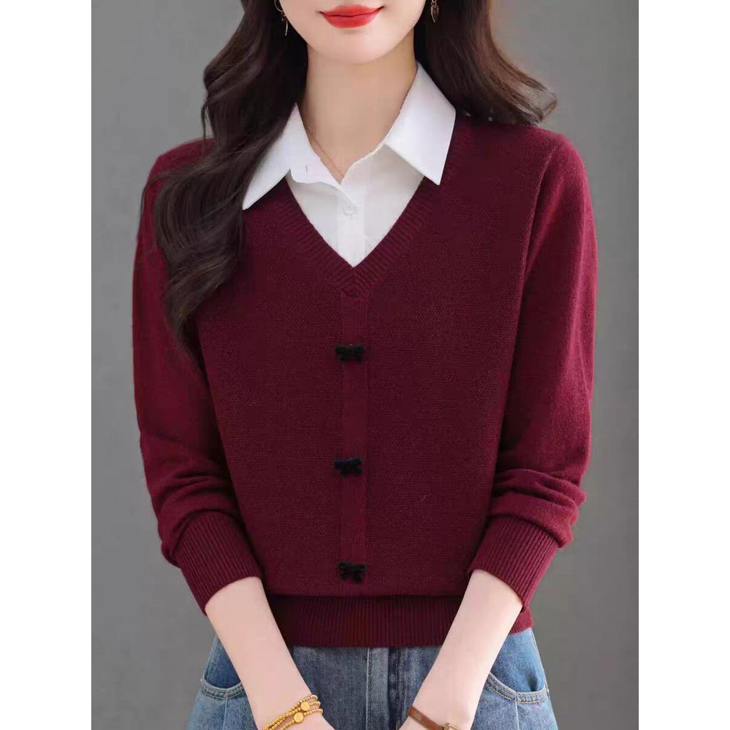 เสื้อยืดถักแขนยาวผู้หญิงเสื้อกันหนาวหลวมปลอมสองชิ้นเสื้อคอเกาหลีสําหรับการเดินทางที่เรียบง่ายเสื้อท็อป - รูปที่ 2