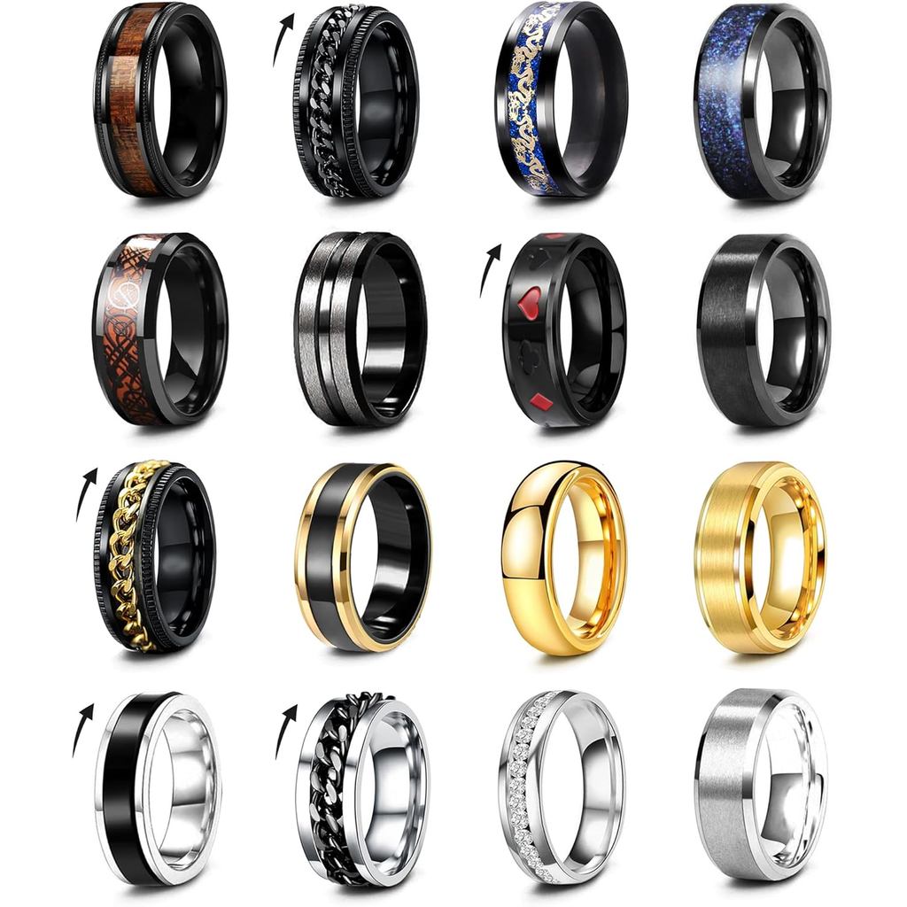 16Pcs Stainless Steel Band Rings for Men Women Stress Anxiety Relief Fidget Rings Black Cool Chain S