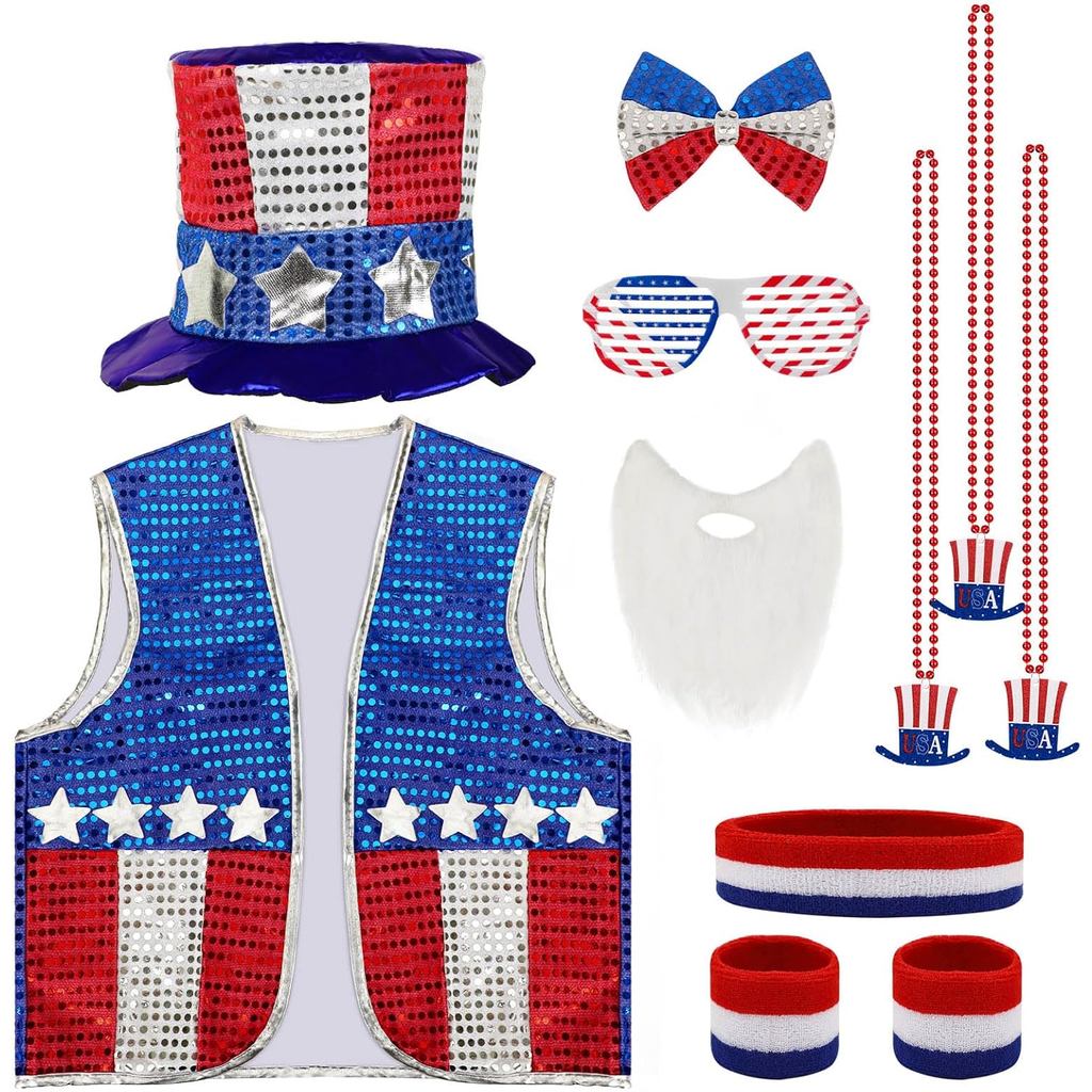 11 Pcs 4th of July Costume Patriotic Costume Accessories Set, American Patriotic Hat American Flag H