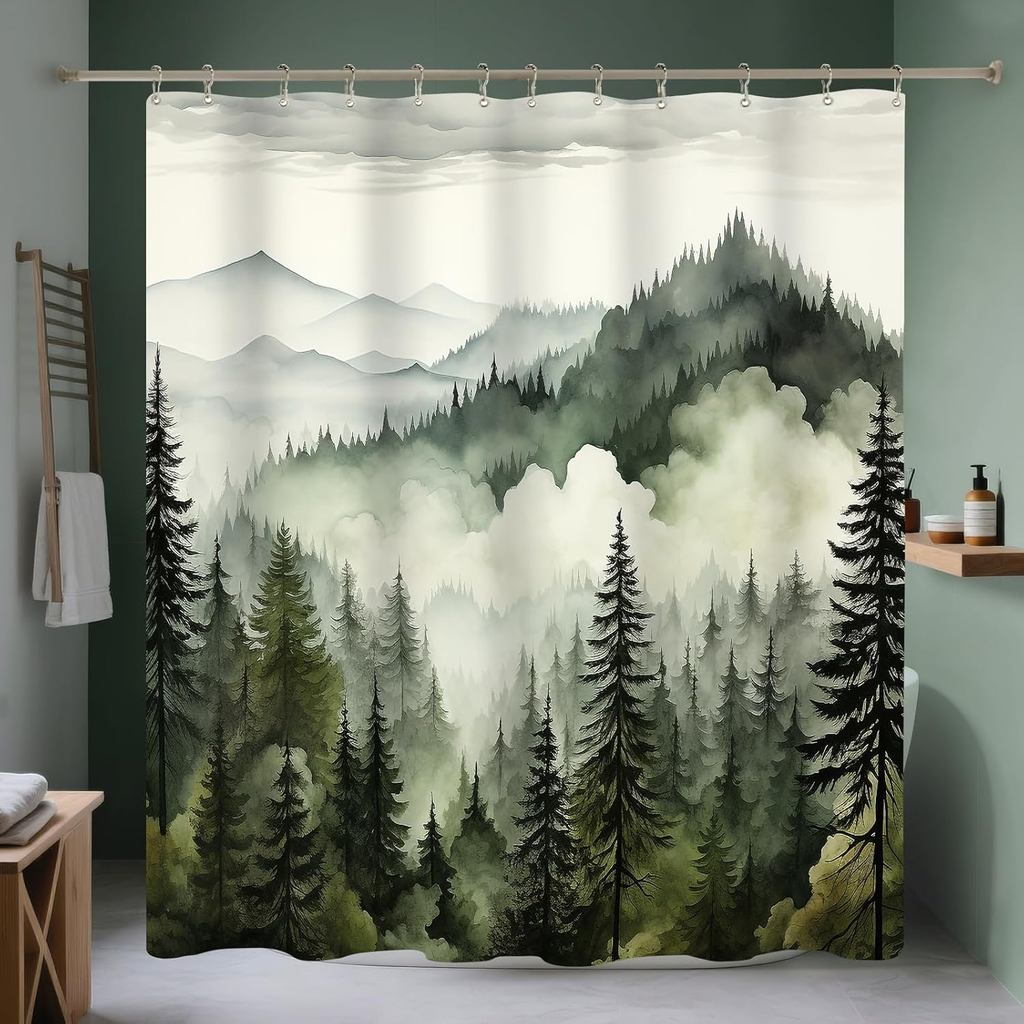 Dark Green Misty Forest Shower Curtain, Mountain Nature Shower Curtain for Bathroom, Rustic Woodland