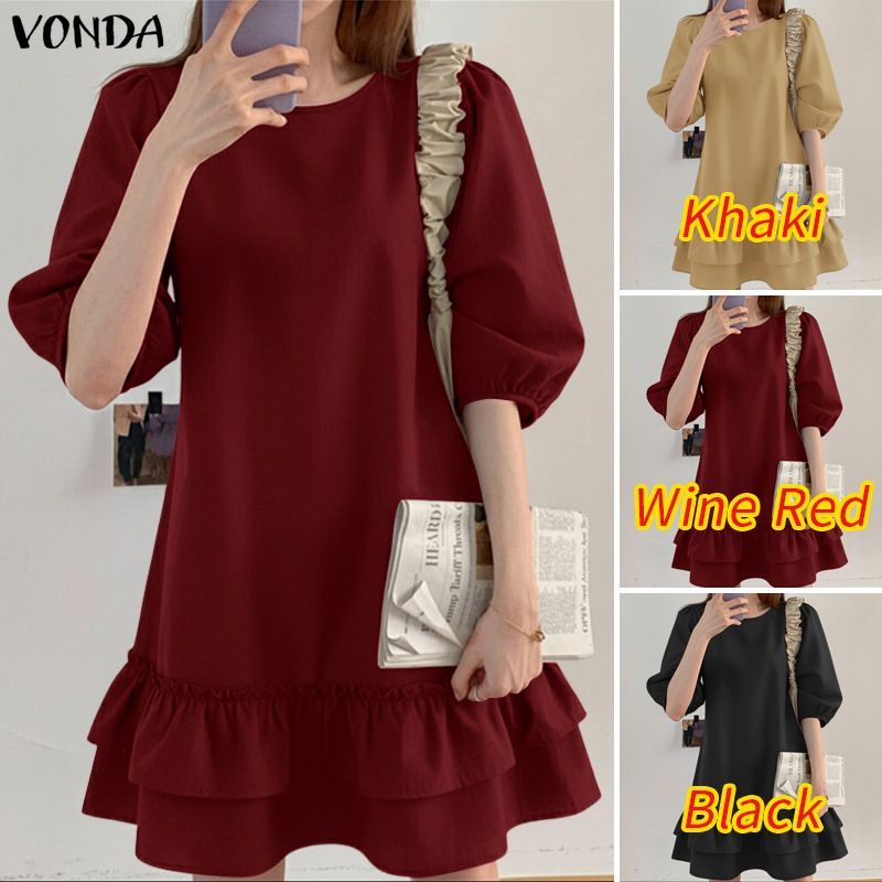 VONDA ชุดเดรสสไตล์เกาหลีสำหรับผู้หญิง ดีไซน์คอพัฟและแขนระบาย สไตล์ A-line สีทึบ — صورة 3