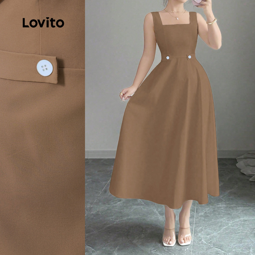 Lovito ชุดกระดุมชุดหรูหราสำหรับฤดูใบไม้ผลิ/ฤดูร้อน สีน้ำตาล สำหรับผู้หญิง L149LD186