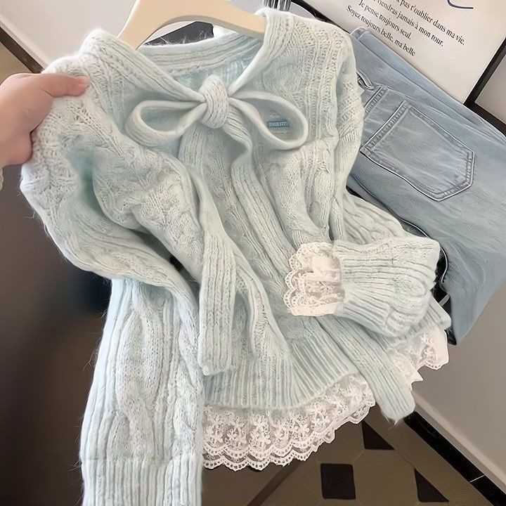 เสื้อกันหนาวผู้หญิง สไตล์เกาหลี ทรงเข้ารูป สีฟ้าพร้อมโบว์หลวม