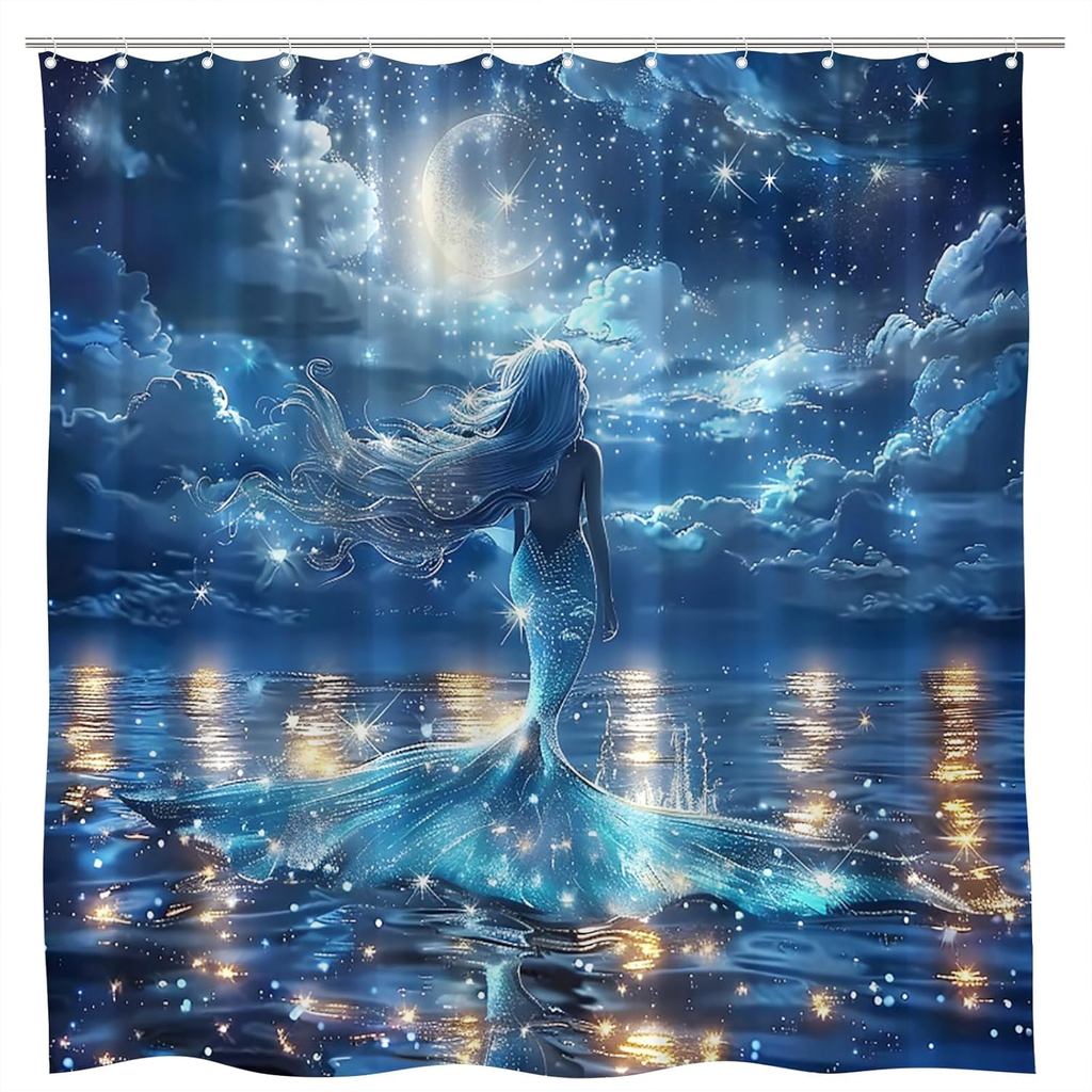 Nautical Mermaid Shower Curtain Ocean เซ็กซี่ผู้หญิง Blue Night Sky Clouds แฟนตาซีทะเลลึกลับ Seascap