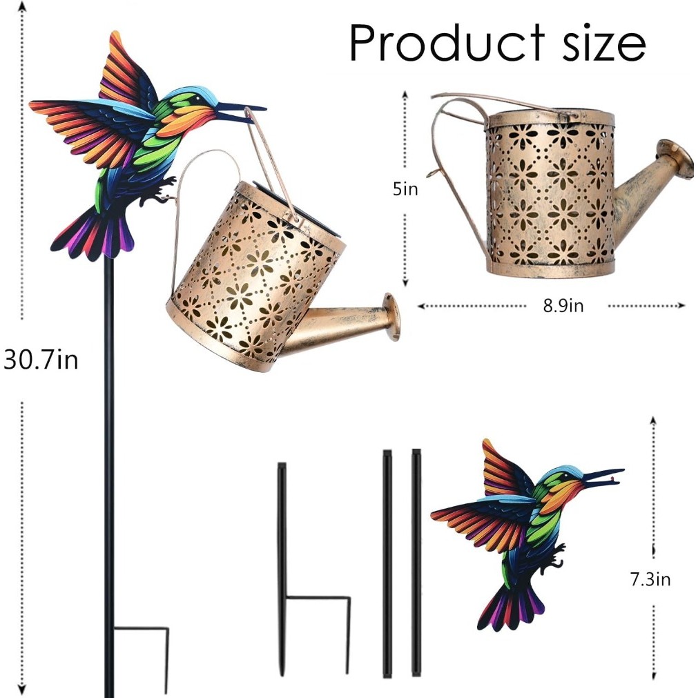 บัวรดน้ําพลังงานแสงอาทิตย์พร้อมไฟน้ําตกตกแต่งสวนกลางแจ้ง, Hummingbird รูปตะขอเครื่องมือทําสวน, ไฟพลังงานแสงอาทิตย์สําหรับตกแต่งสวนลานสนามหญ้า Backyard - รูปที่ 4