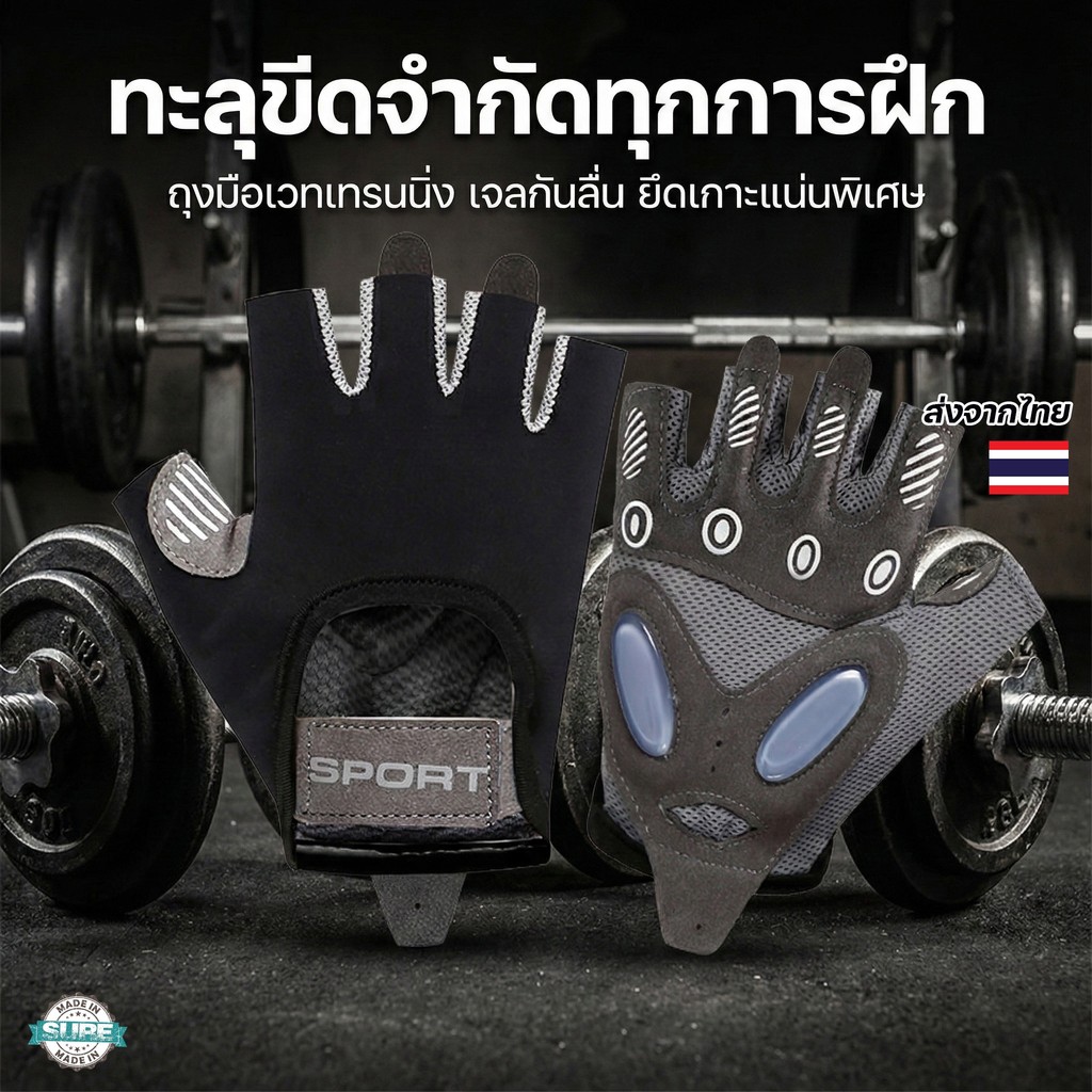 ถุงมือยกเวท ฟิตเนส กันลื่น ระบายอากาศดี ซัพพอร์ตข้อมือ ลดแรงกระแทก เล่นกล้าม ดึงข้อก็เอาอยู่