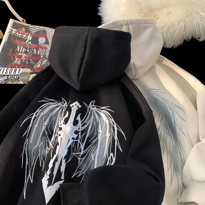 ขนาด ม-5เอ็กแอล ผู้ชายเสื้อกันหนาวหมวกฤดูใบไม้ร่วงและฤดูหนาวเสื้อผ้าลําลองแฟชั่นอะนิเมะปีกพิมพ์คลุมด้วยผ้าเสื้อสวมหัว โอ เวอร์ไซส์ หลวมแขนยาวเส