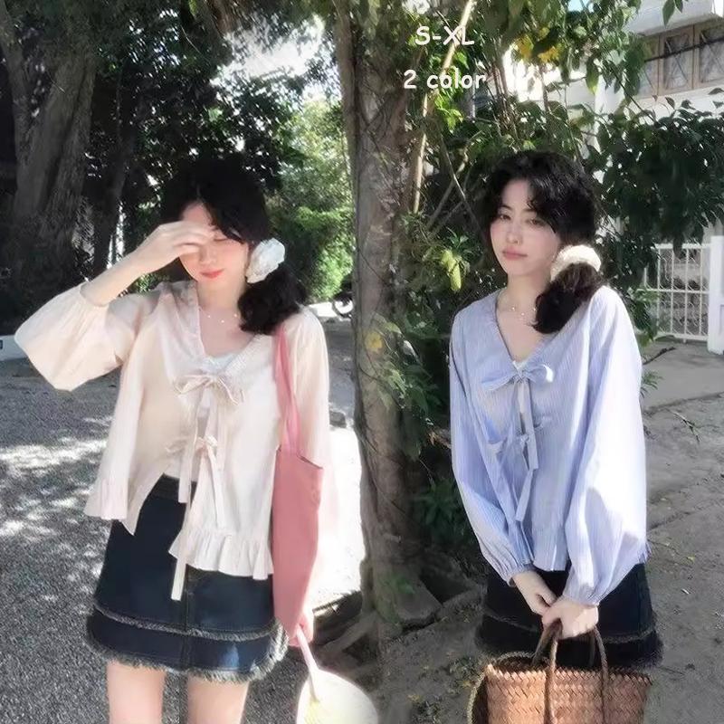 BG.เสื้อเชิ้ตแขนยาวลายทางคอวี ผูกโบว์ ทรงจีบ ทรงหลวม เก๋ไก๋ ผ้าเนื้อนุ่ม ใส่สบาย สไตล์เกาหลีW680 – โปรปัง