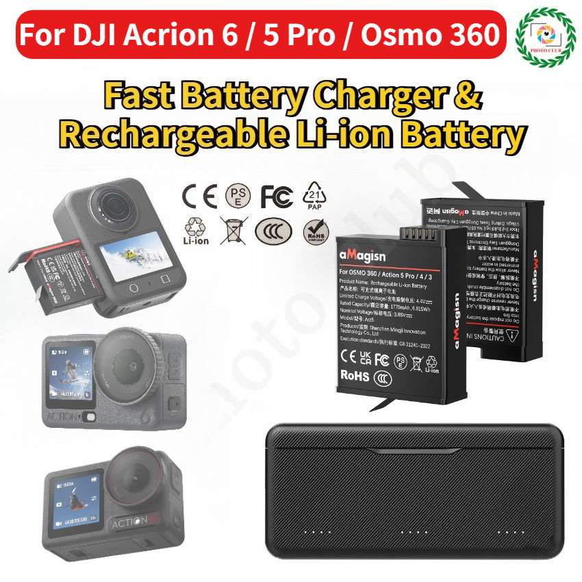 สําหรับ DJI Action 6 แบตเตอรี่ Li-ion แบบชาร์จไฟได้สําหรับ DJI OSMO 360/Action 5 Pro Fast แบตเตอรี่ Charger แบตเตอรี่ใช้งานได้ยาวนาน