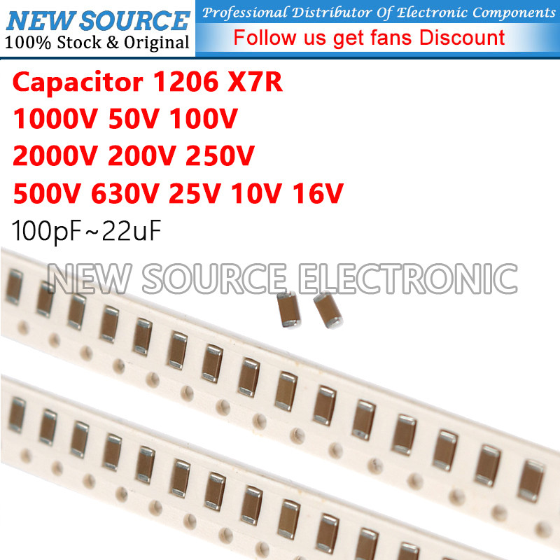 [1-10pcs] 1206 SMD 1000V 50V 100V 2000V 200V 250V 500V 630V 25V 10V 16V X7R ตัวเก็บประจุ 100pF 220pF