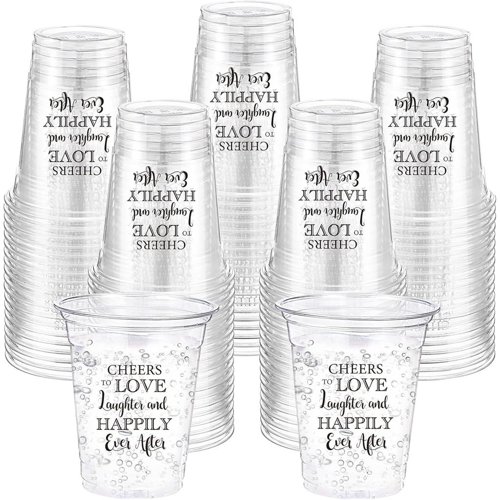 60 Pack Wedding Cup Cheers to Love Laughter Happily Ever After 12 oz Disposable Clear Plastic Drinki