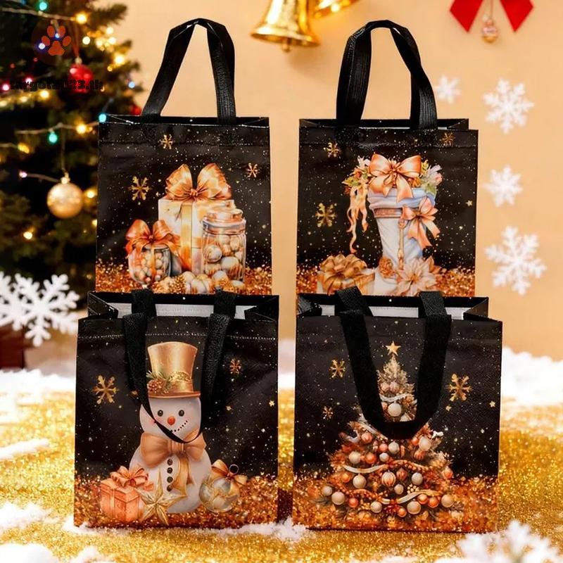 วันคริสต์มาส✨[ARG] Merry Christmas Black Gold กระเป๋าไม่ทอ Snowman Xmas Tree Pattern Tote Handle Bag บรรจุภัณฑ์ของขวัญถุงเก็บกันน้ํา [TH]