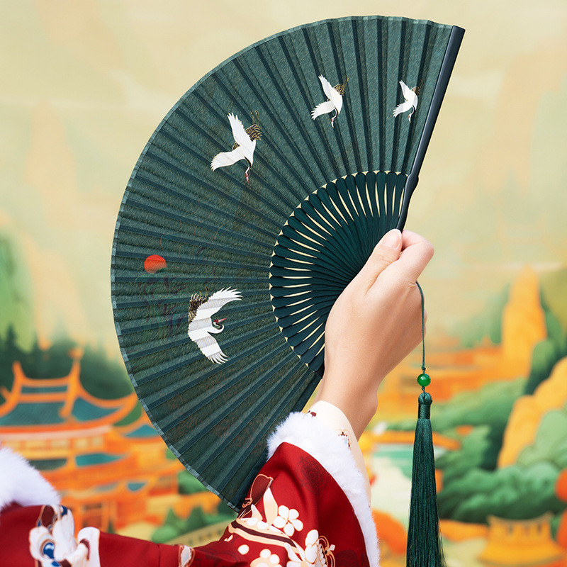Crane 20 ซม.สุภาพสตรีพัดลมพับสไตล์ย้อนยุค Ruihe Tu ผ้าไหมแบบพกพา Hanfu พัดลมขนาดเล็ก cd25.11.27T