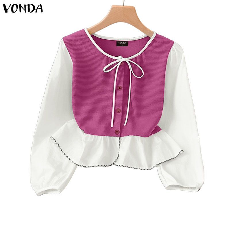 VONDA เสื้อผ้าสไตล์เกาหลีสำหรับผู้หญิง ดีไซน์หวานหรูกับโบว์และระบาย เสื้อแขนบล็อกสี