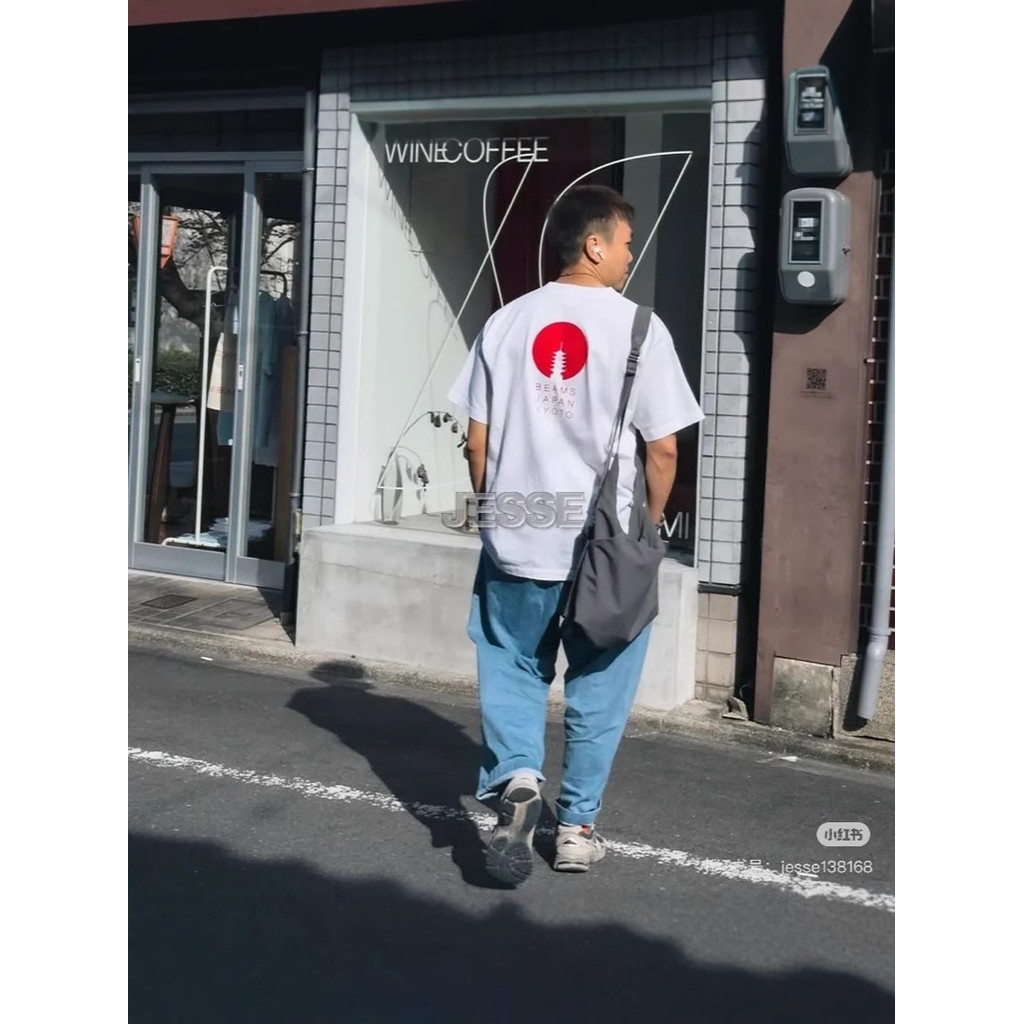 9HN8 BEAMS Five-story Pagoda Silhouette Red Rope Short Sleeve T Shirt Daily Loose Versatile Heavywei