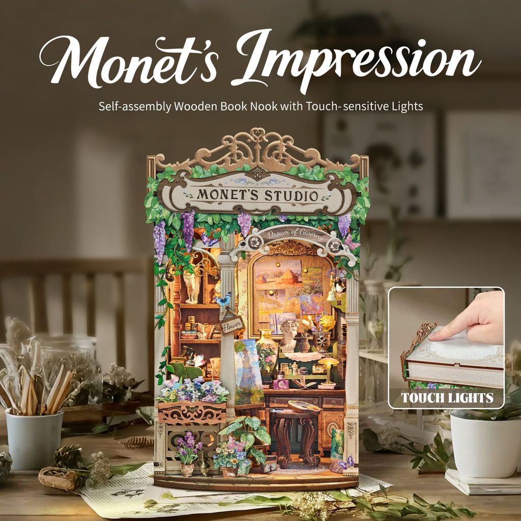 DIY Hut Monet Impression ไม้ประกอบรุ่น 3D สามมิติประกอบ Hut Miniature ฉากตกแต่งแสงของขวัญวันหยุดผู้ใ