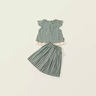 Hania kids พร้อมส่ง ชุดเซ็ตเด็กผู้หญิง 2 ชิ้นลายตารางน่ารัก ดีไซน์ระบายช่วงชายเสื้อ ใส่แล้วดูหวานละมุนสุด ๆ K5125651