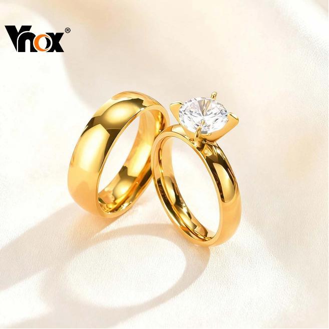 Vnox Zircon Solitaire Engagement Bridal Wedding Band Set Couple Love Jewelry for Women Men
